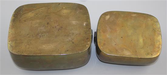 Two Chinese bronze hand warmers, 18th / 19th century, 17cm and 20.5cm, repair to smaller cover